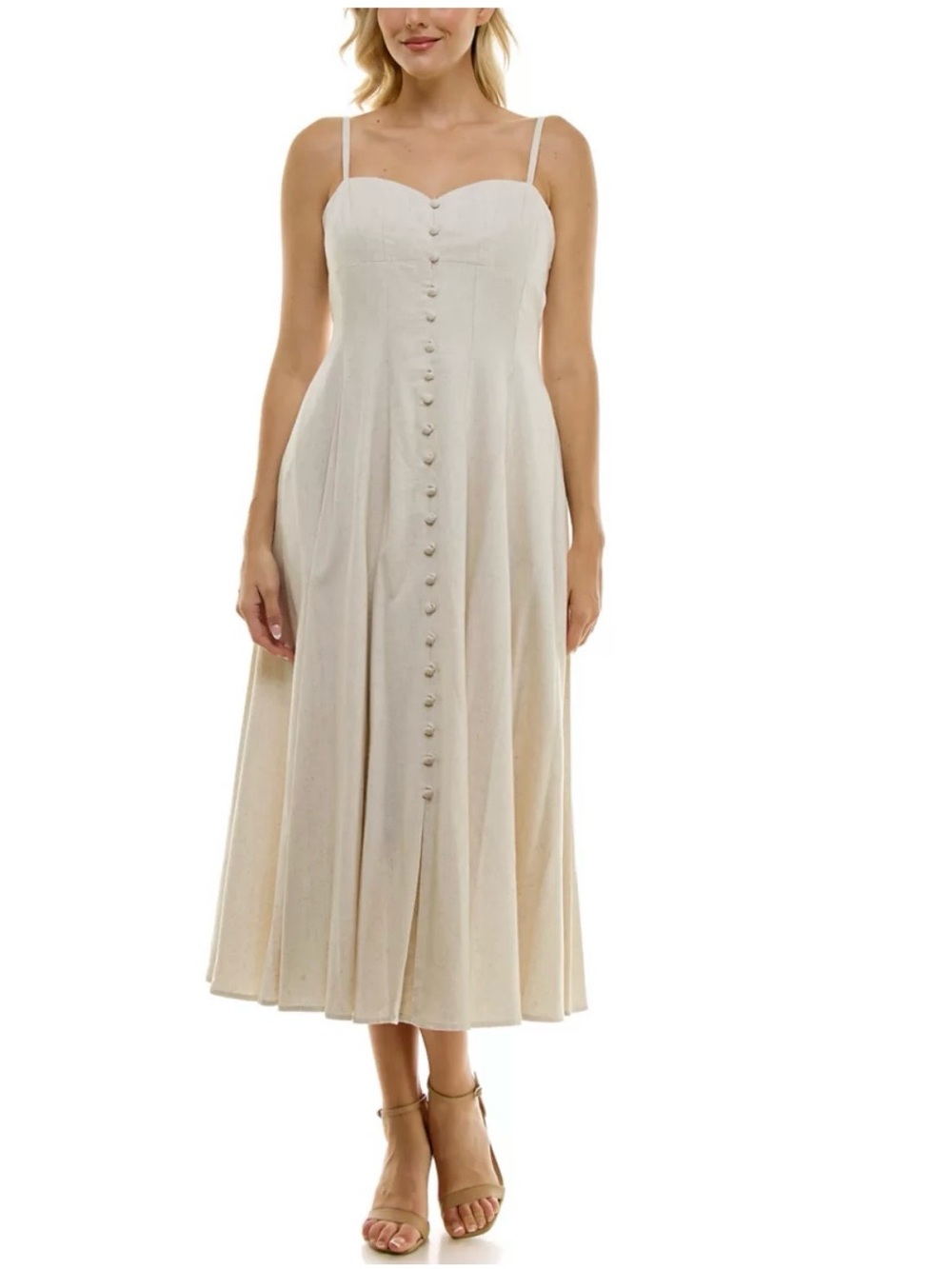 Taylor Spaghetti Strap Button-Front Midi Dress in Cream size 14